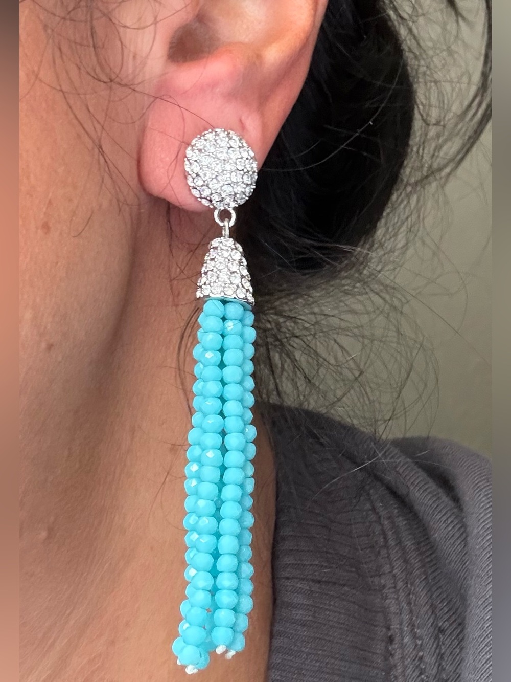 Park Lane Turquoise Beaded Tassel Earrings with Silver Crystal Top
